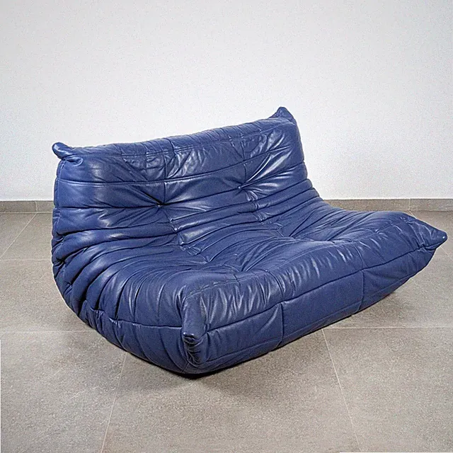 Michel Ducaroy Sofa Togo Two Seater Blue Leather Ligne Roset France 1980s
