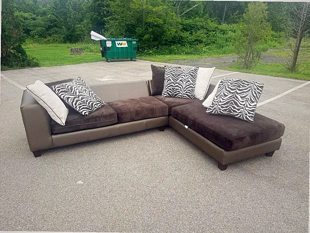 Microfiber Brown/Taupe Sectional Sofa w/ Chaise, Cushions & Zebra Pillows