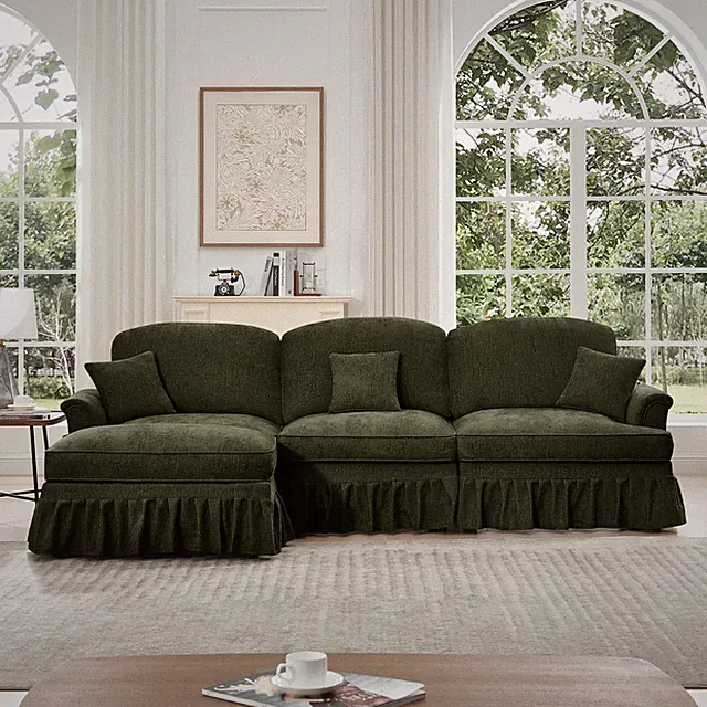 Mid-Century 3-Seat Chenille Sectional Sofa w/ Removable Rustle Skirt & Ottoman
