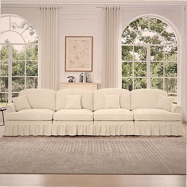 Mid Century 4 Seater Sofa w/ Removable Ruffle Skirts, Chenille, Beige-White