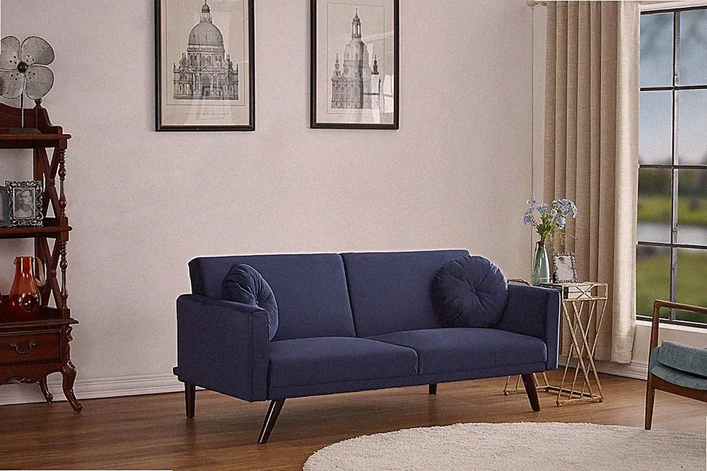Mid Century 72" Velvet Futon Sofa Bed - Dark Blue, 2-in-1 Sleeper Couch
