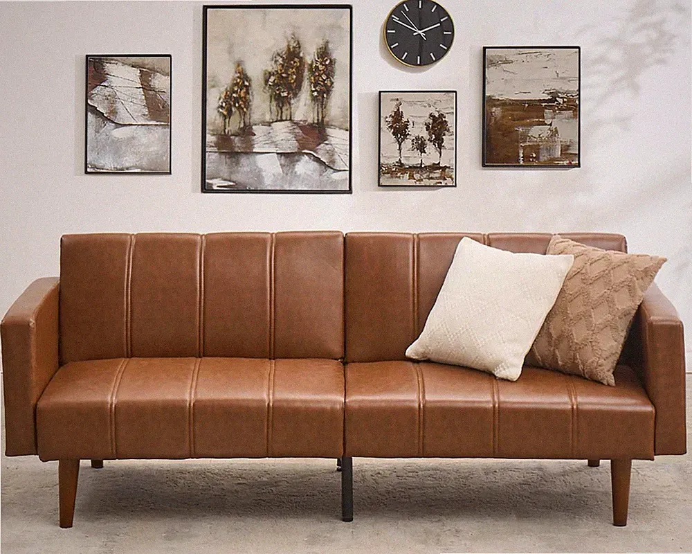Mid-Century 75" PU Leather Futon Sofa Bed with Adjustable Backrest & Pockets
