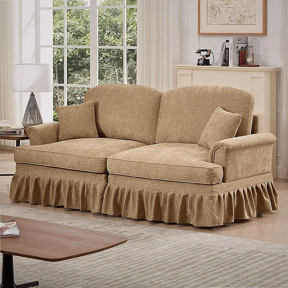 Mid Century Chenille Loveseat Sofa with Flared Arms and Ruffled Skirt, Light Cof