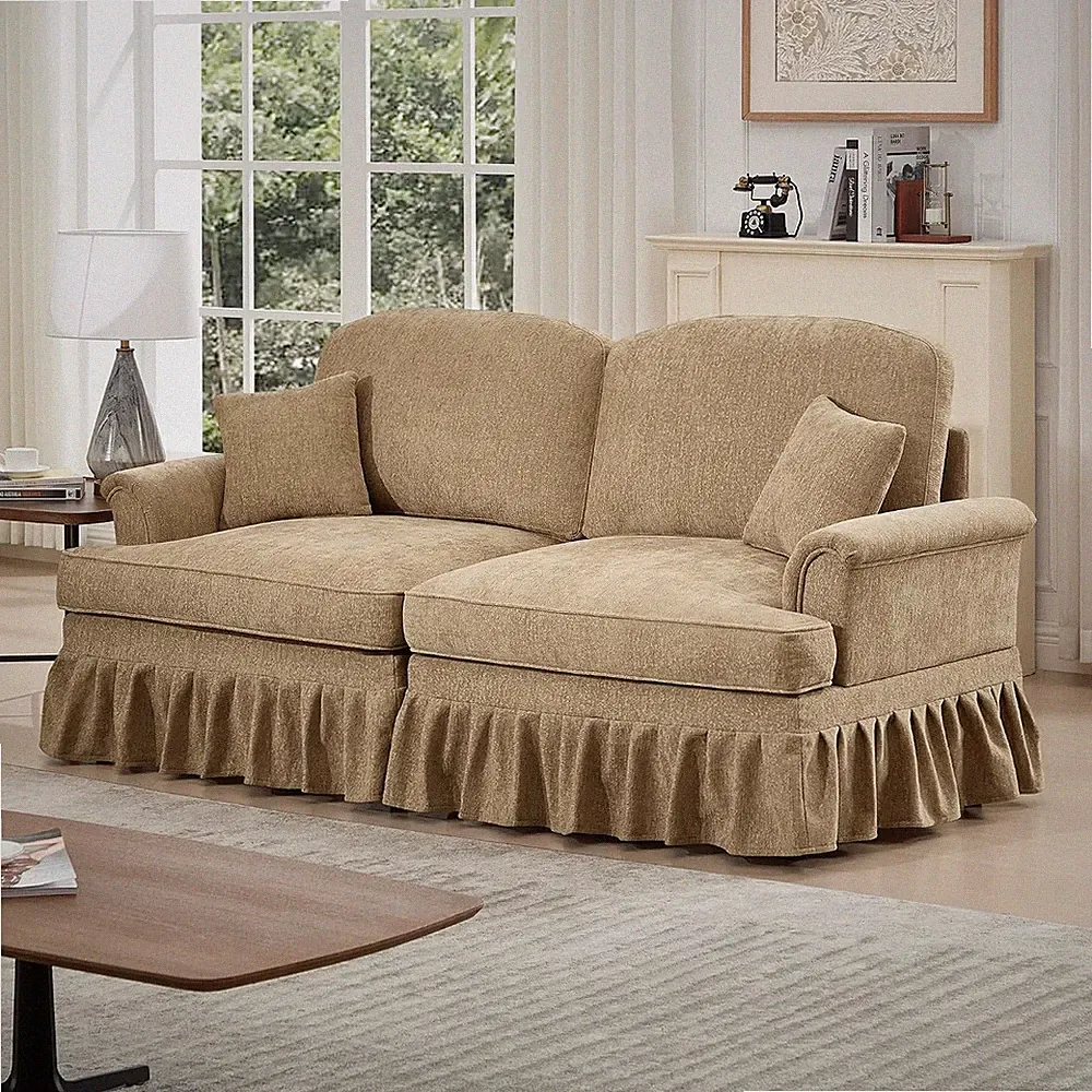 Mid Century Chenille Sectional Sofa, 2 Seat Couch Loveseat with Flared Arms, Rem