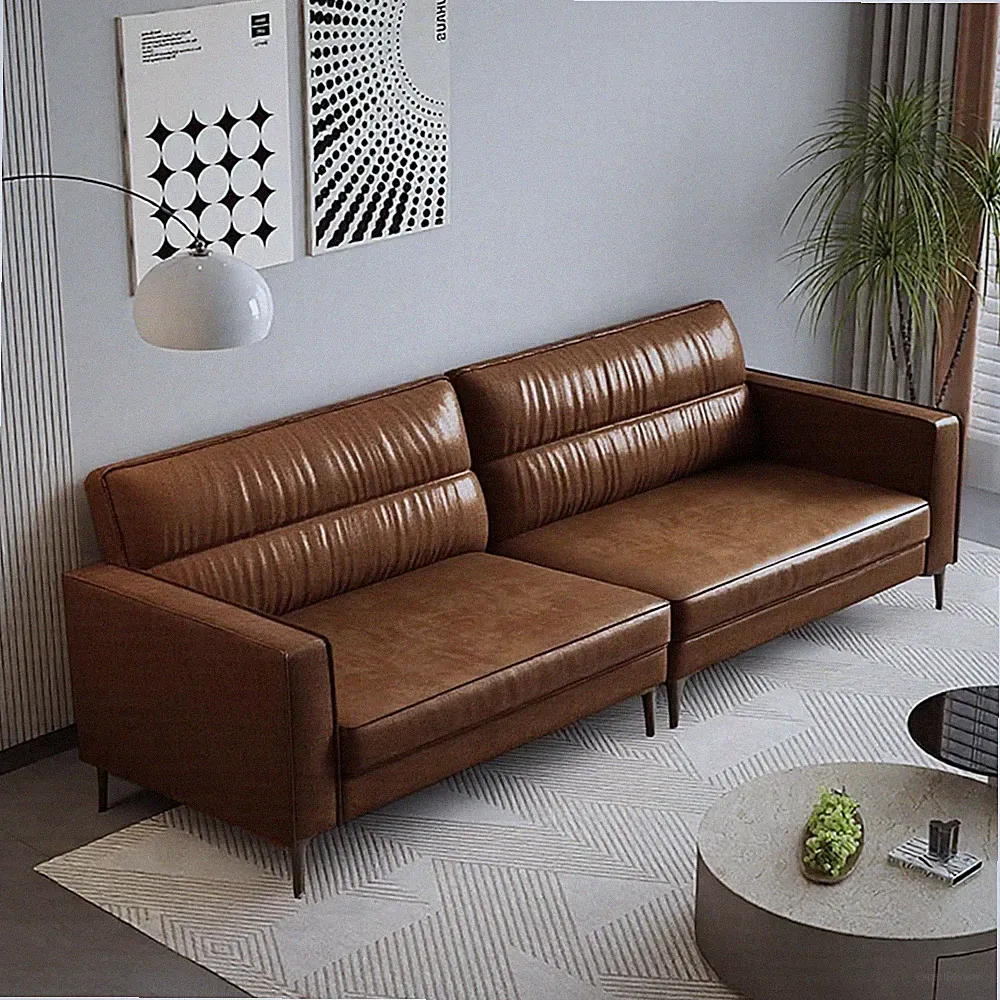 Mid-Century Faux Leather Sofa For Living Room Modern Couch with Metal Legs Brown
