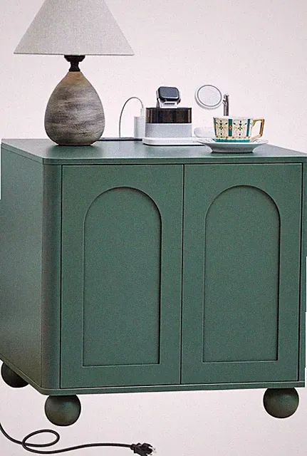 Mid Century Green Bedside Table with Charging Station & Storage for Small Spaces