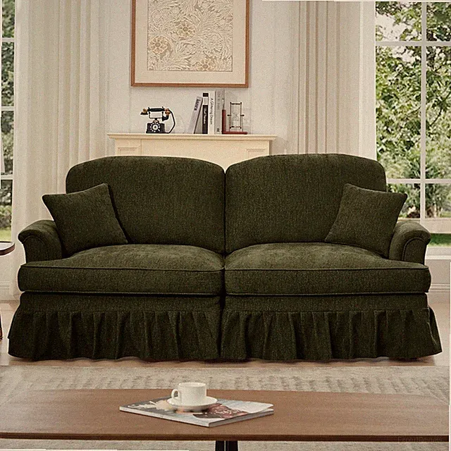 Mid Century Green Chenille Sofa Couch w/ Removable Skirts, 2 Seater Love Seat