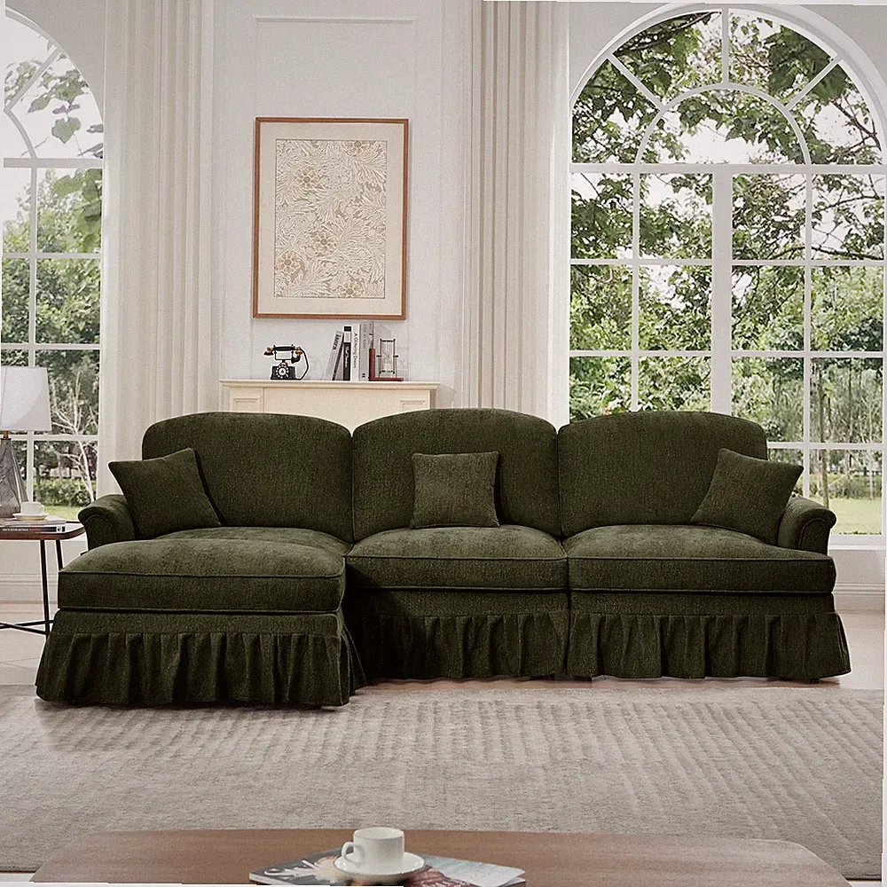 Mid Century L-Shaped 3-Seat Sectional Sofa Chaise Chenille Green Ottoman