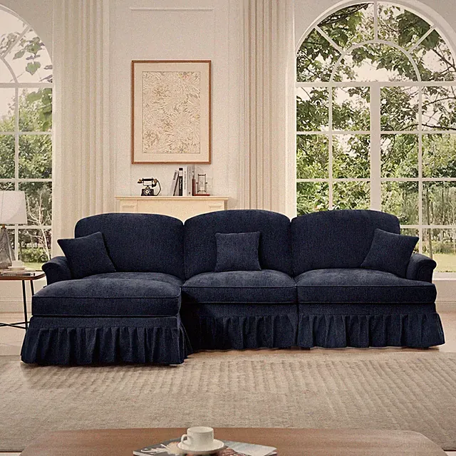 Mid Century L-Shaped Sectional Sofa w/ Removable Skirts, Ottoman, Chenille Blue