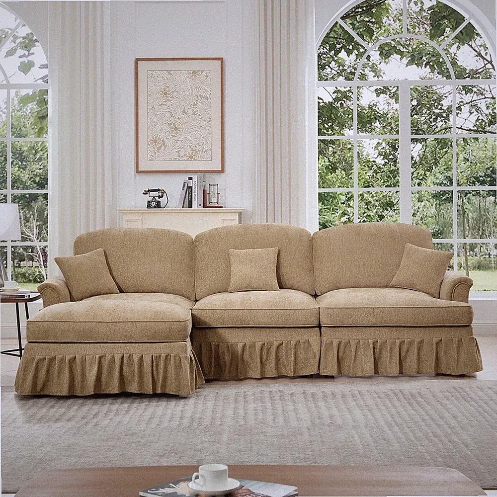 Mid Century L-Shaped Sectional Sofa with Ottoman, Chenille, Light Coffee, 3-Seat