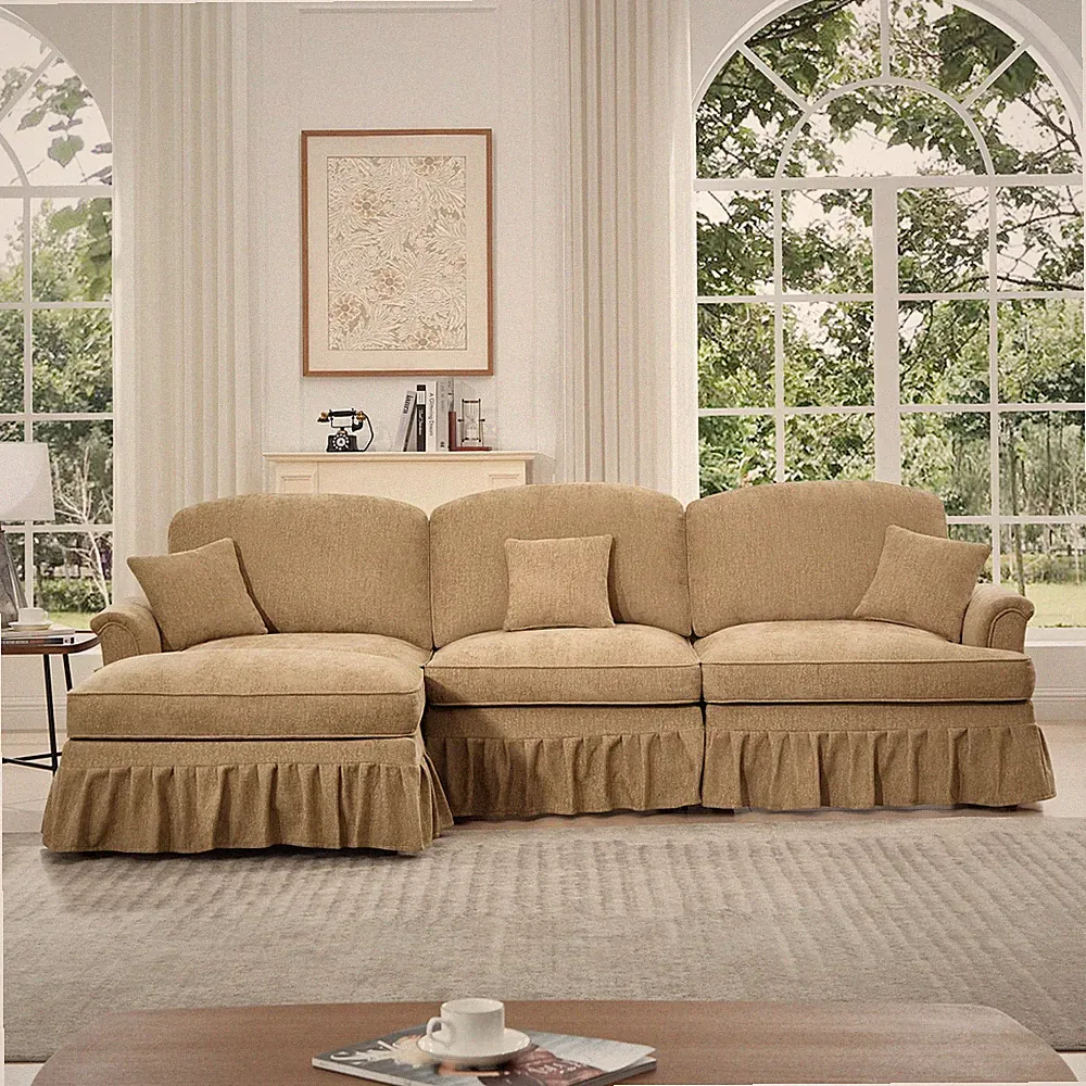 Mid Century L-Shaped Sectional Sofa with Ottoman Light Coffee Chenille