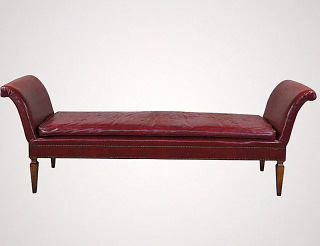 Mid Century Mahogany & Red Leather Scroll Arm Chaise Lounge Day Bed Bench 88"