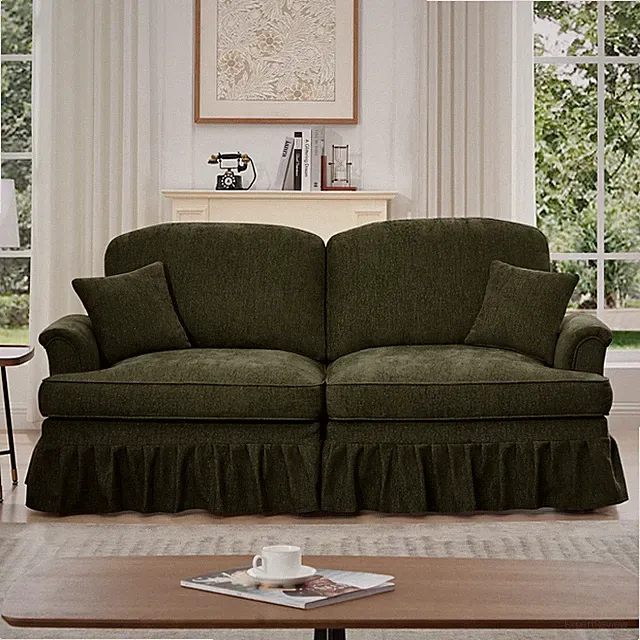 Mid Century Modern 2-Seater Sofa Green Chenille w/ Removable Ruffled Skirt