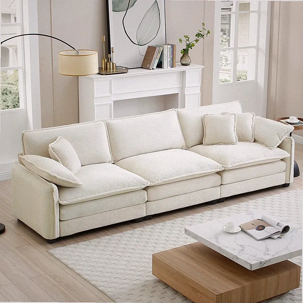 Mid Century Modern 3 Seat Sectional Sofa w/ Pillows, Beige Corduroy Fabric