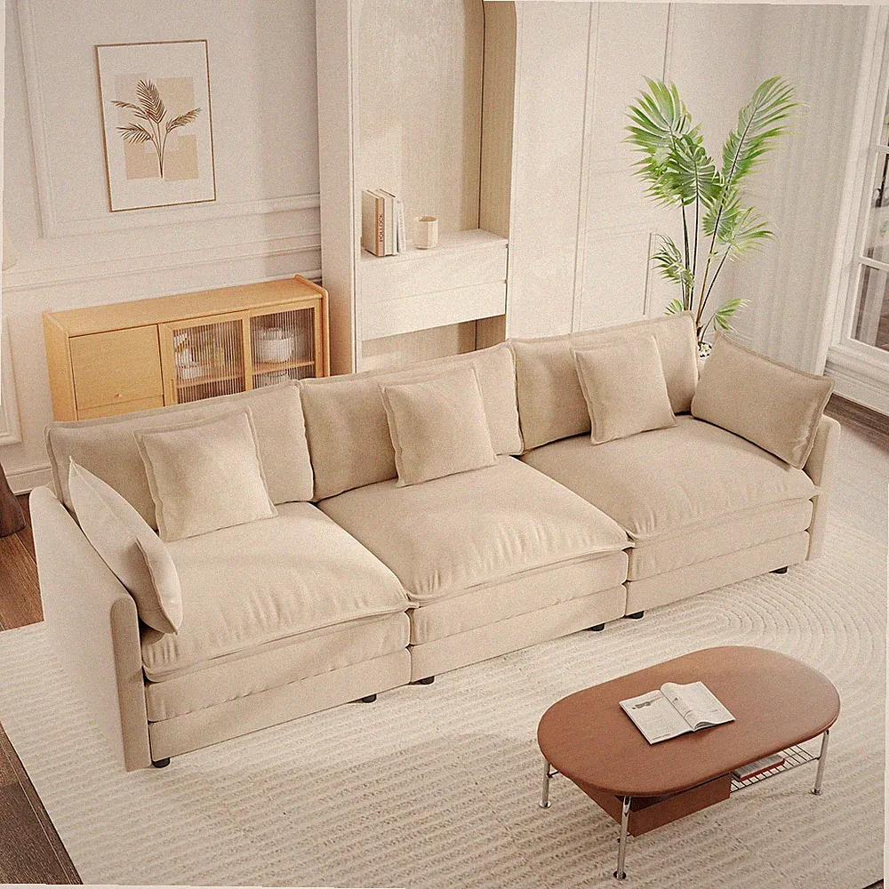 Mid Century Modern 3-Seat Sofa Light Coffee Chenille w Pillows