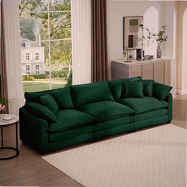 Mid Century Modern 3-Seater Green Corduroy Sectional Sofa w/Pillows