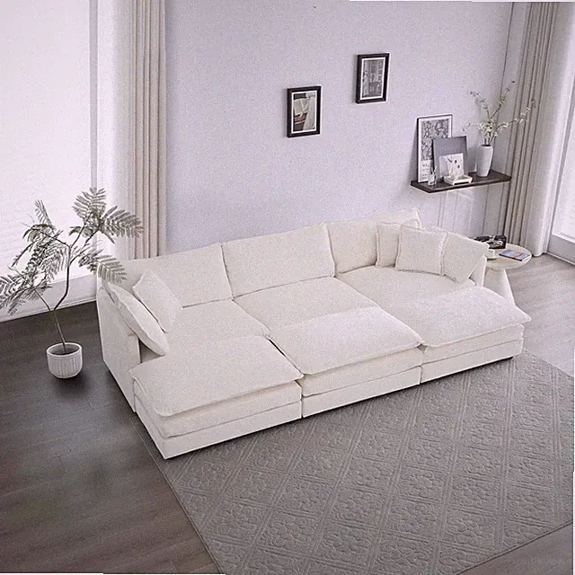 Mid-Century Modern 3-Seater Loveseat with Ottomans, White Chenille Sofa