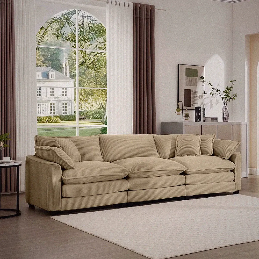 Mid Century Modern 3 Seater Sectional Sofa, Tan Corduroy Fabric w/ 5 Pillows