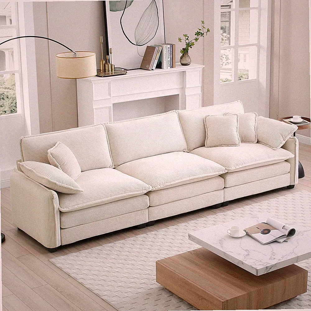 Mid-Century Modern 3-Seater Sectional Sofa w/2 Arm Pillows and 3 Throw Pillows,B