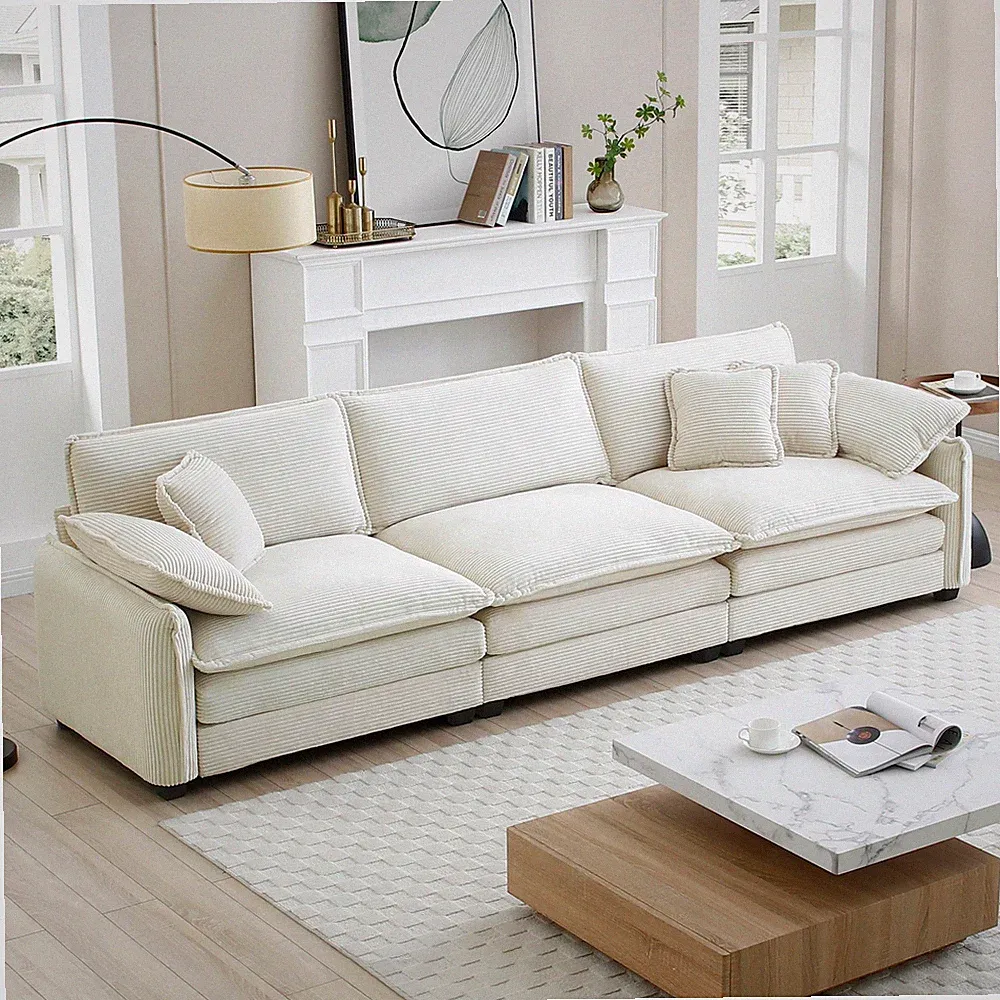 Mid Century Modern 3 Seater Sectional Sofa w/ Pillows, Beige Corduroy