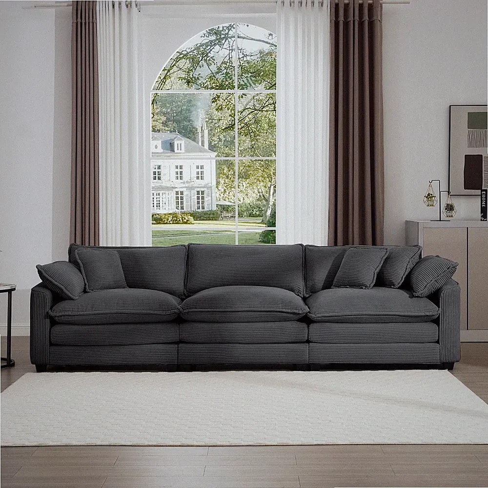 Mid Century Modern 3 Seater Sectional Sofa w Pillows Grey Corduroy Fabric