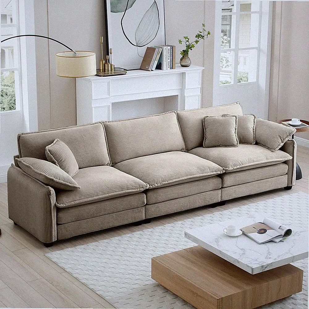 Mid Century Modern 3-Seater Sectional Sofa w/ Throw Pillows, Tan Corduroy Fabric