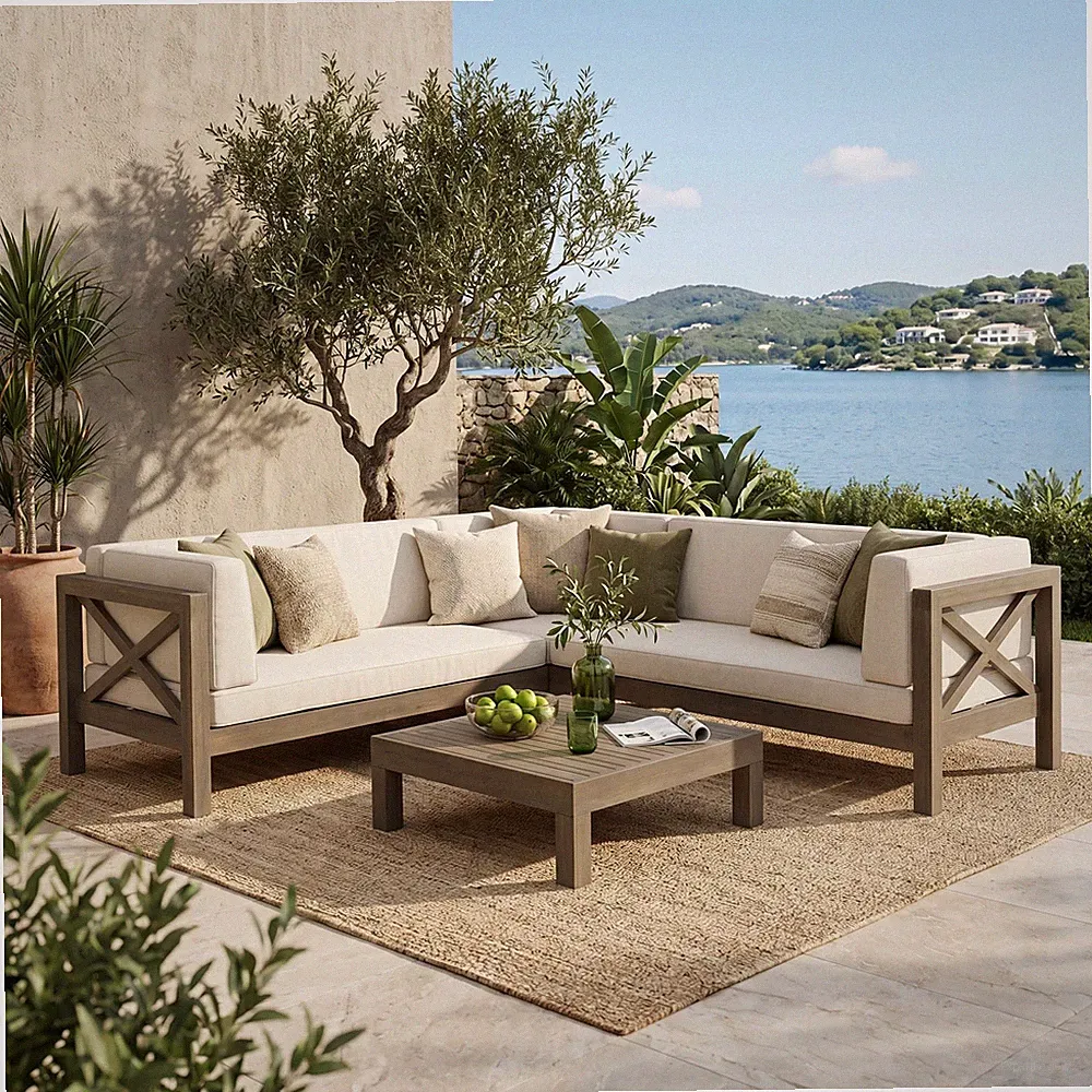 Mid-Century Modern 4-Piece Sofa Set, Acacia Wood, White
