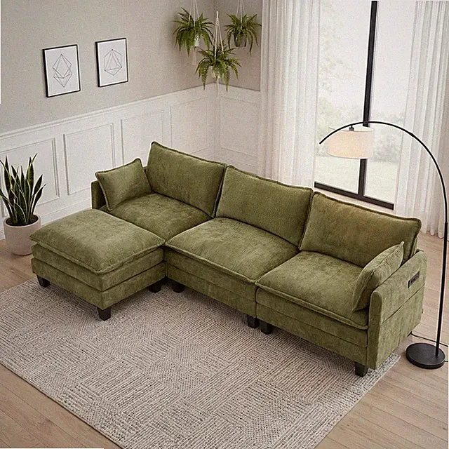 Mid Century Modern 4-Seat Chenille Sofa Set with Pillows Light Green