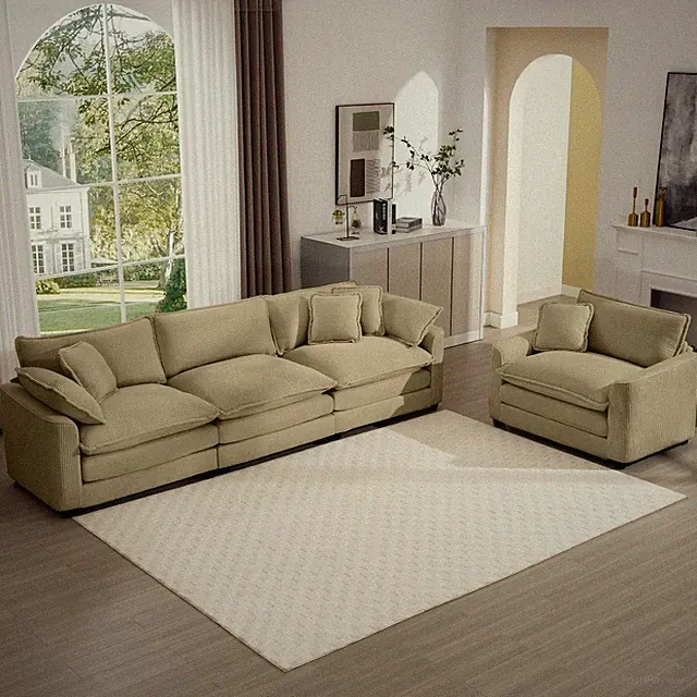 Mid-Century Modern 4-Seat Tan Corduroy Sectional Sofa w/ Removable Pillows