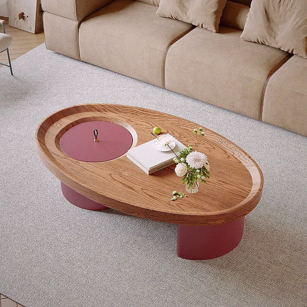 Mid Century Modern 45.3" Oval Coffee Table with Hidden Storage & Red Legs