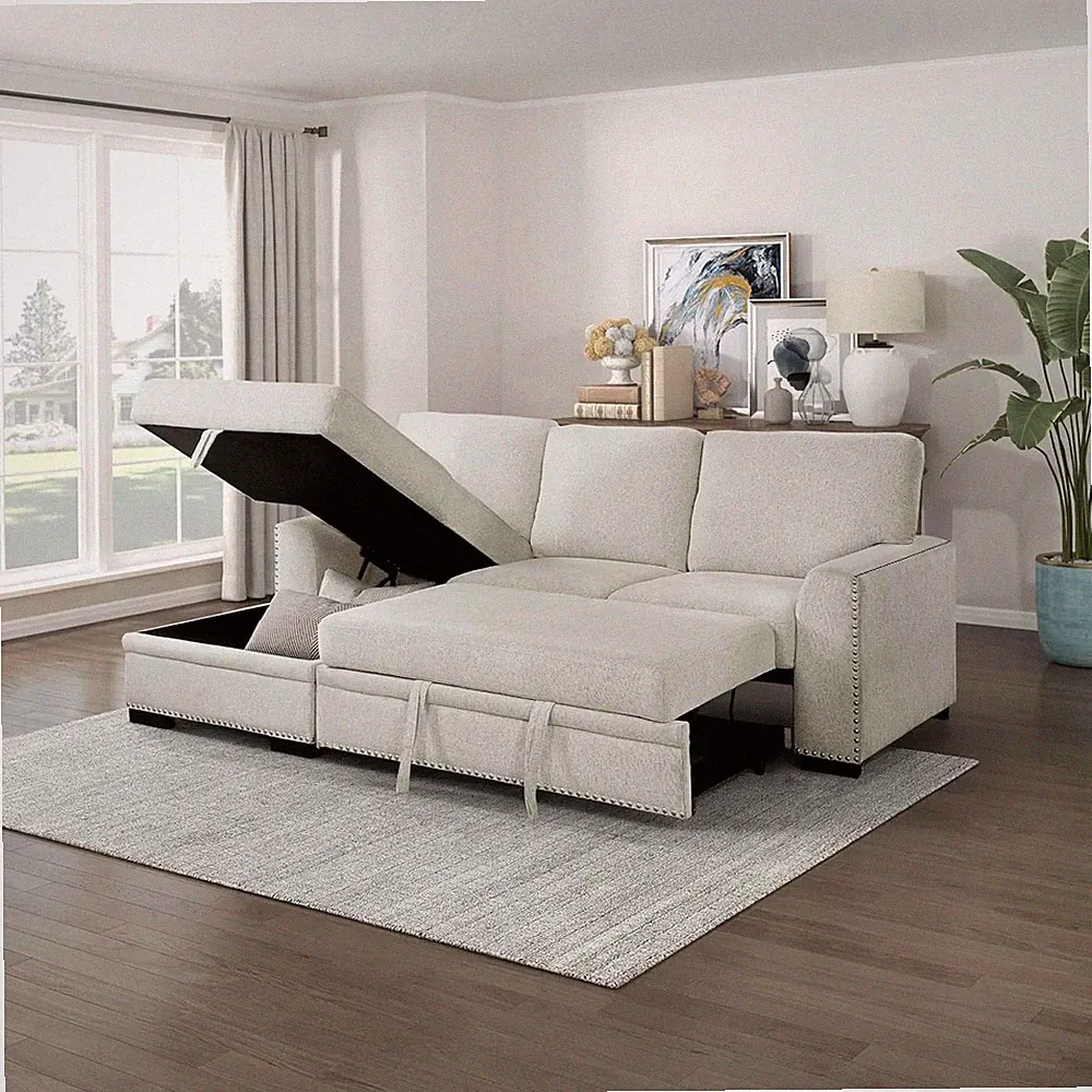 Mid Century Modern Beige Sectional Sleeper Sofa with Storage Chaise