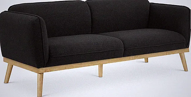 Mid-Century Modern Black Boucle Sofa with Solid Wood Base - 82" W
