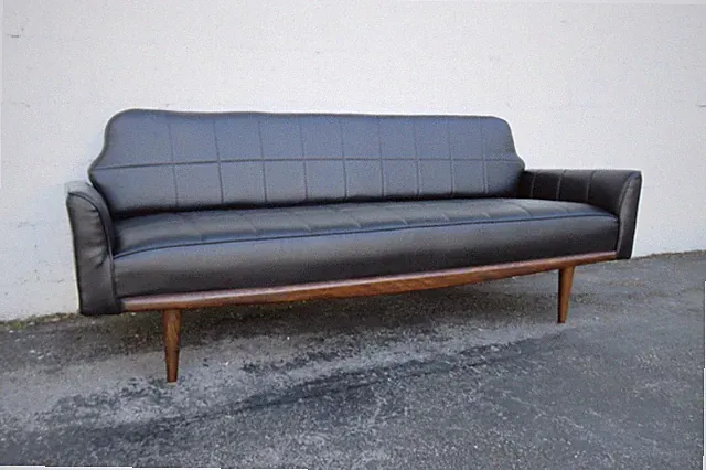 Mid Century Modern Black Vinyl Long Couch Sofa 6267