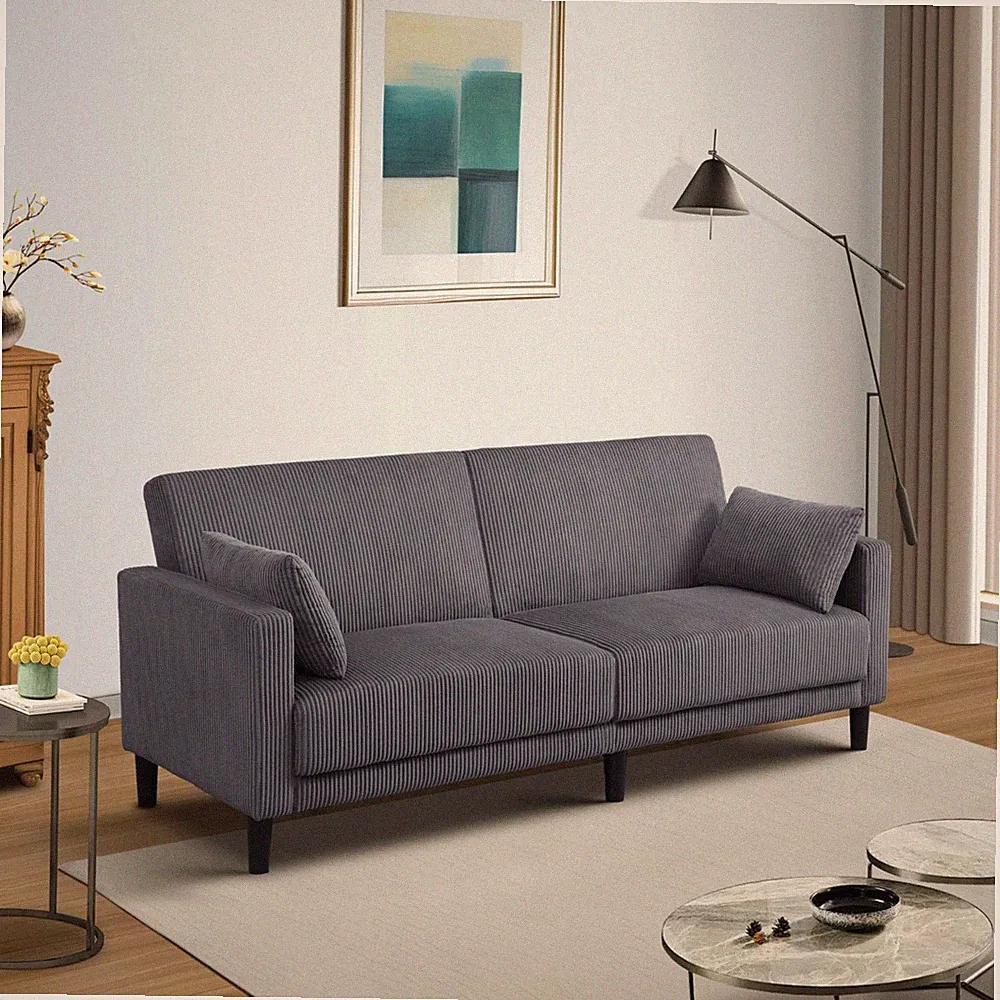 Mid-Century Modern Corduroy Futon Sofa Bed Gray Loveseat Recliner Tufted