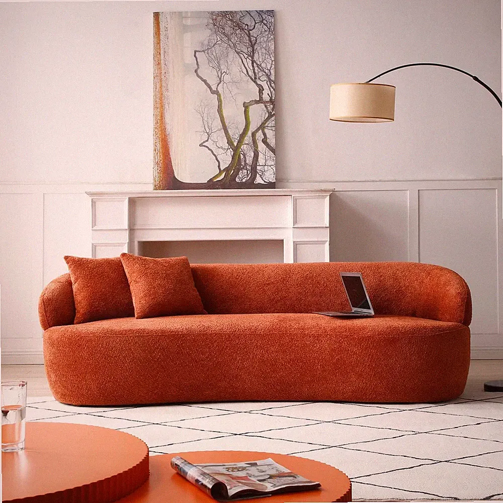 Mid Century Modern Curved Living Room Sofa, 3-Seat Boucle Fabric Couch for Bedro