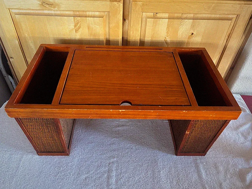 Mid century modern Desk Bed / sofa Table with Magazine Holders - Teak Rattan