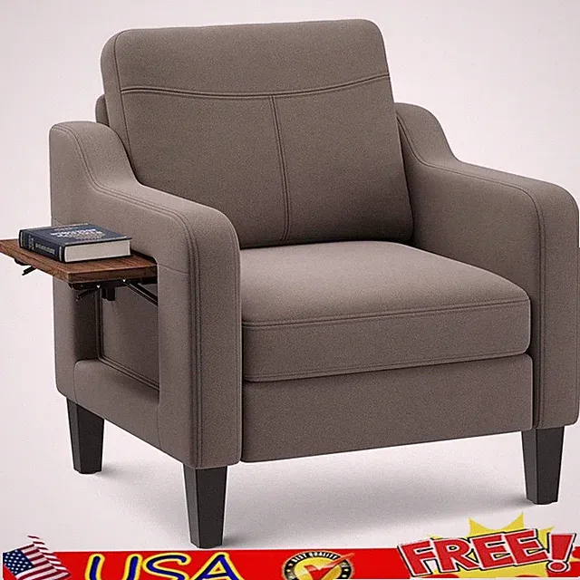 Mid Century Modern Ergonomic Chair W/ Foldable Side Table & Hidden Storage New