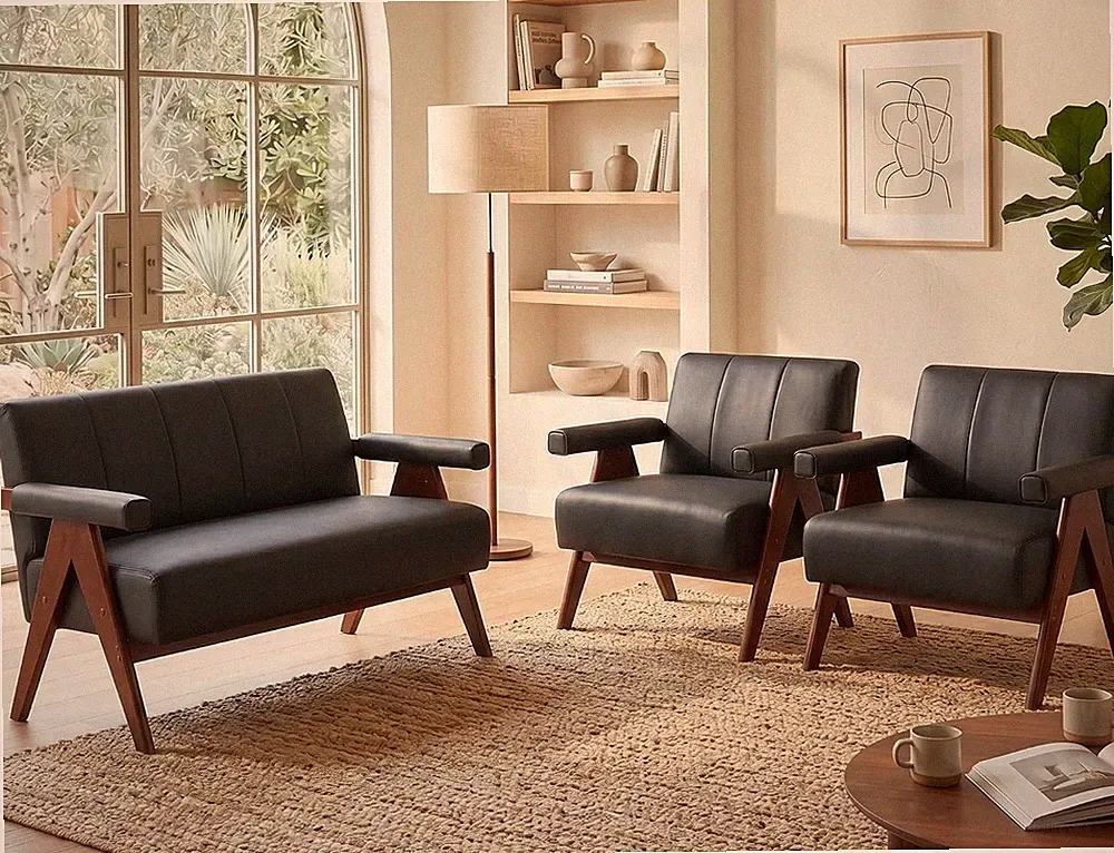 Mid Century Modern Faux Leather Black Living Room Furniture Set of 3