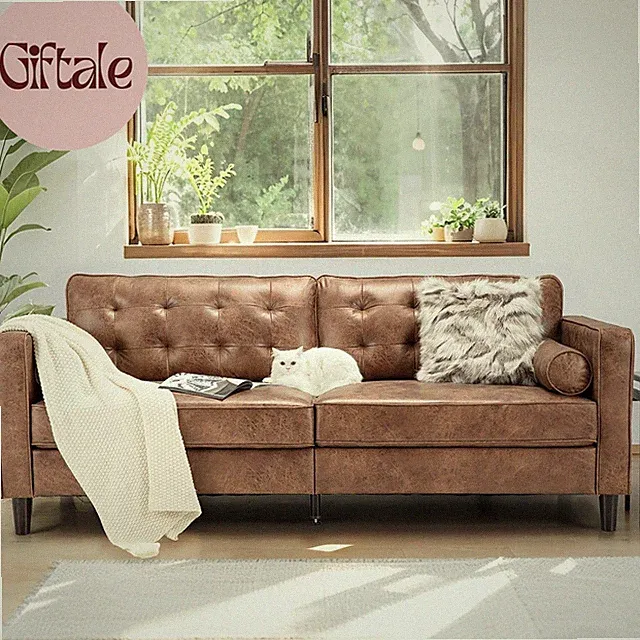 Mid Century Modern Faux Leather Sofa, 84.2-Inch 3-Seater Vintage Couch with 2 Bo