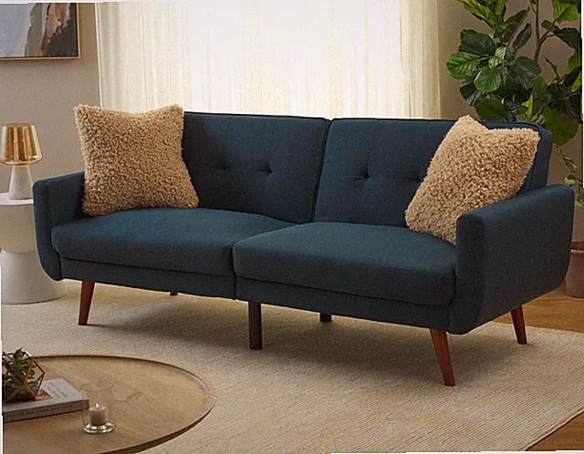 Mid-Century Modern Futon Bed Navy Foldable Convertible Tufted Wood Legs