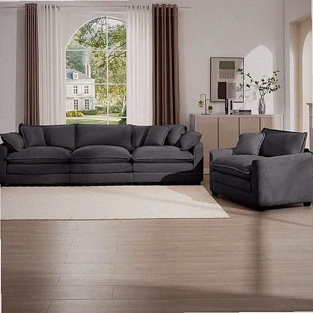 Mid-Century Modern Gray Corduroy 4-Seat Sectional Sofa Set w/Pillows