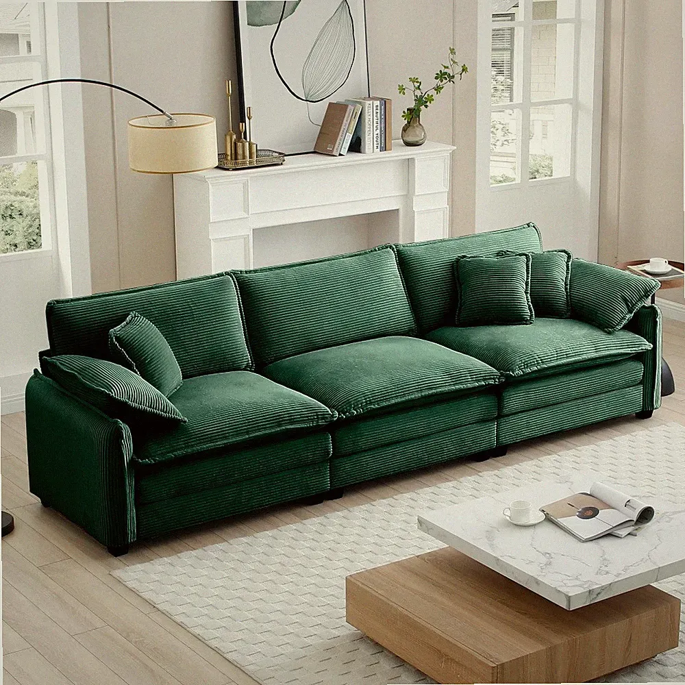 Mid Century Modern Green Corduroy 3 Seat Sectional Sofa with Pillows