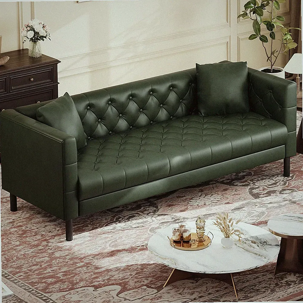 Mid Century Modern Green Leather Sofa, 81" Chesterfield Couch with Pillows