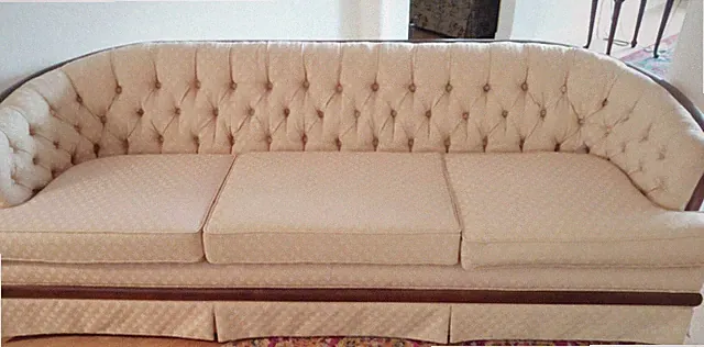 Mid Century Modern Hollywood Regency Tufted Sofa Set Wood Trim Sofa and Loveseat