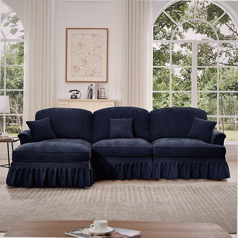Mid Century Modern L-Shaped Sectional Sofa w/Ottoman, Chenille Blue
