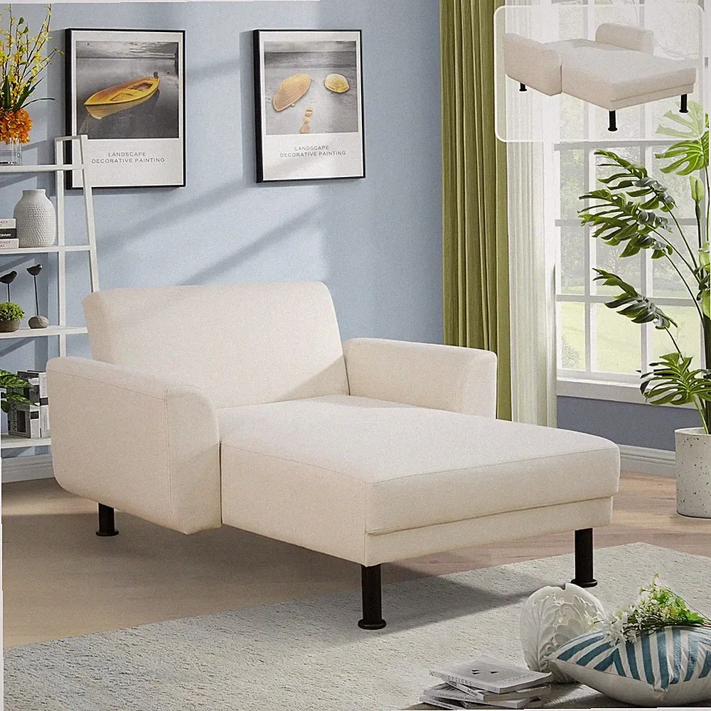 Mid-Century Modern Linen Futon Sofa Bed Beige 2-in-1 Recliner Couch Living Room