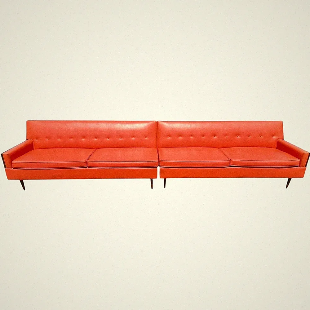 Mid-Century Modern Orange & Walnut 2-Piece Sectional Sofa