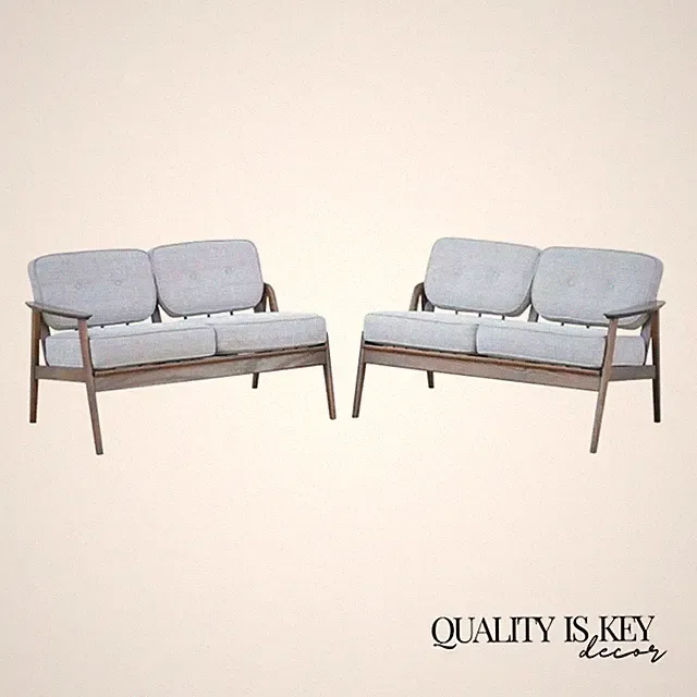 Mid Century Modern Sculpted Walnut Two Part Four Seat Sectional Sofa - 2 Pieces