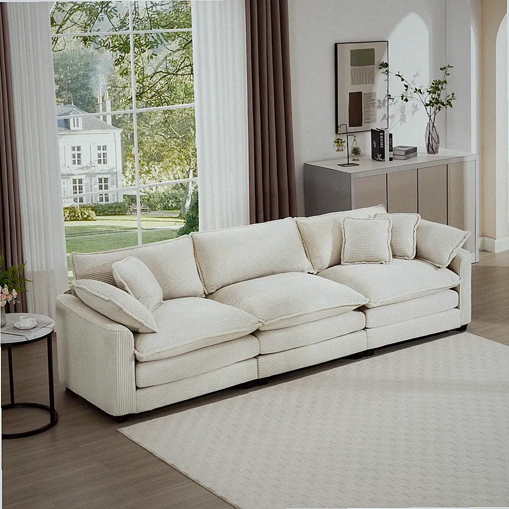 Mid Century Modern Sectional Sofa Light Beige Corduroy 3 Seater w/ Pillows