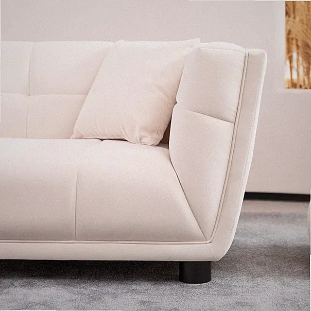 Mid-century modern style: simple white sofa, small square design, velvet fabric